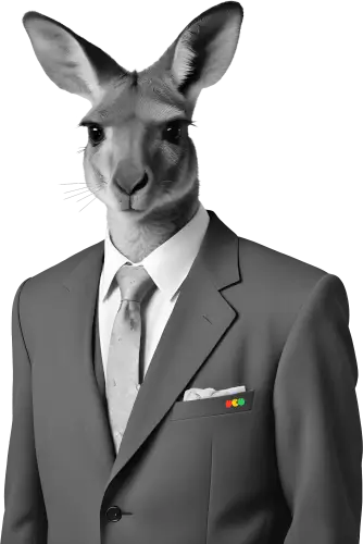 A kangaroo head on a human body in a suit.